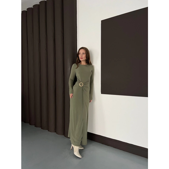 Aksesuar Detaylı Sandy Uzun Elbise Haki