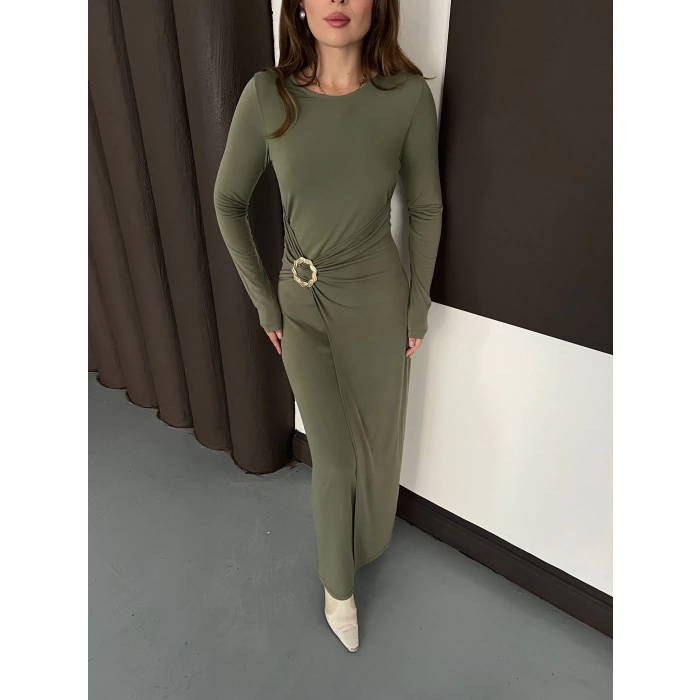 Aksesuar Detaylı Sandy Uzun Elbise Haki