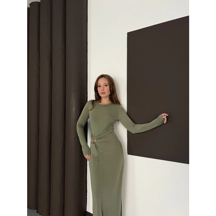 Aksesuar Detaylı Sandy Uzun Elbise Haki