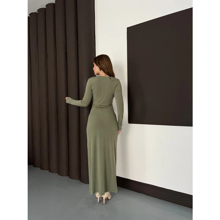 Aksesuar Detaylı Sandy Uzun Elbise Haki