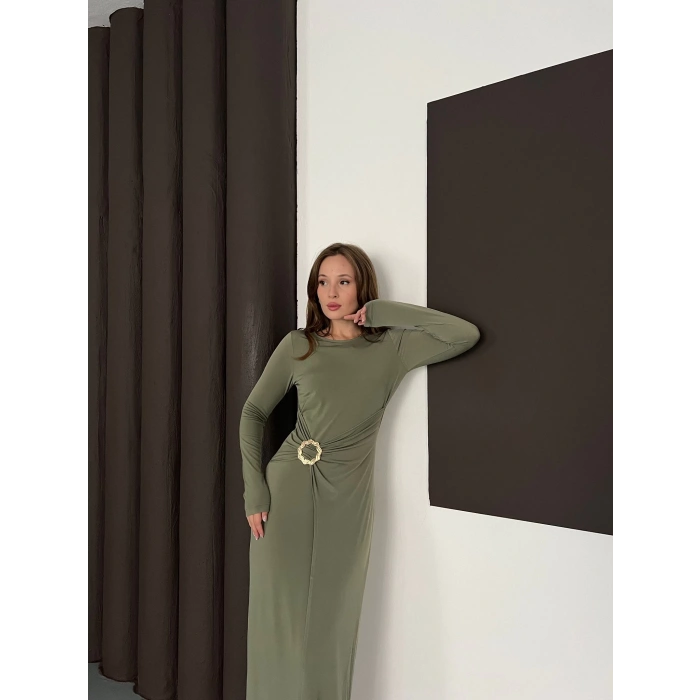 Aksesuar Detaylı Sandy Uzun Elbise Haki