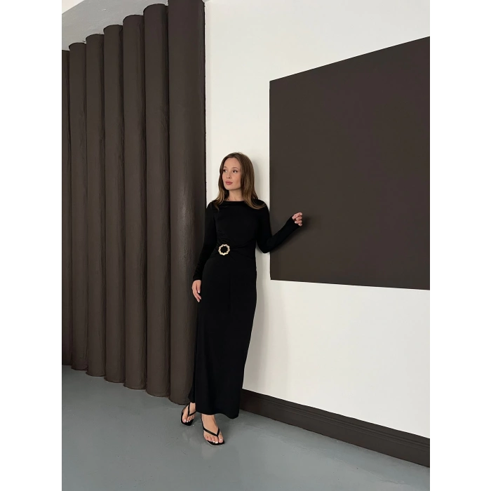 Aksesuar Detaylı Sandy Uzun Elbise Siyah