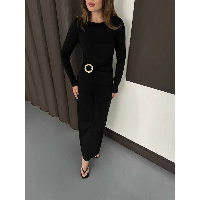 Aksesuar Detaylı Sandy Uzun Elbise Siyah