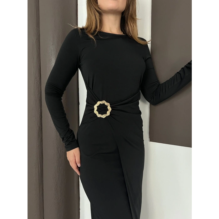 Aksesuar Detaylı Sandy Uzun Elbise Siyah