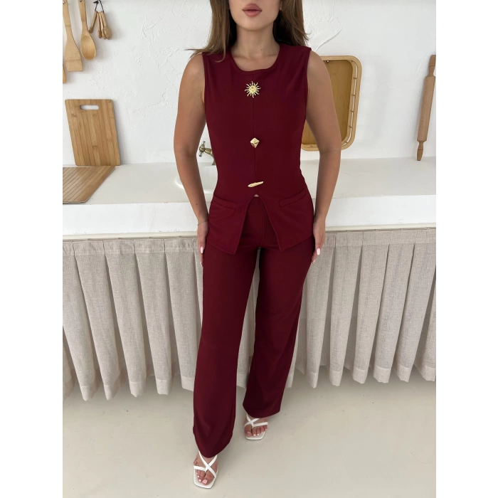 Aksesuar Detaylı Sıfır Kol Takım Bordo