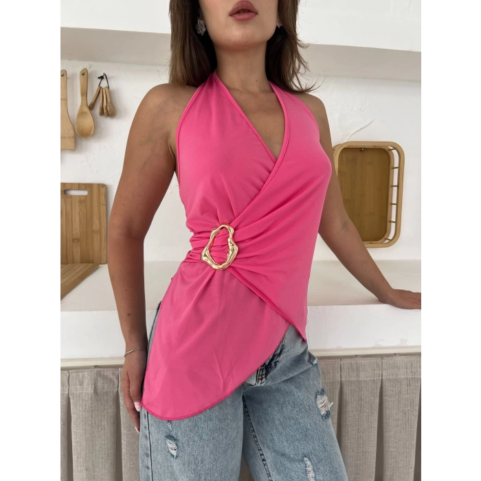 Aksesuar Detaylı Sırt Dekolte Bluz Pembe