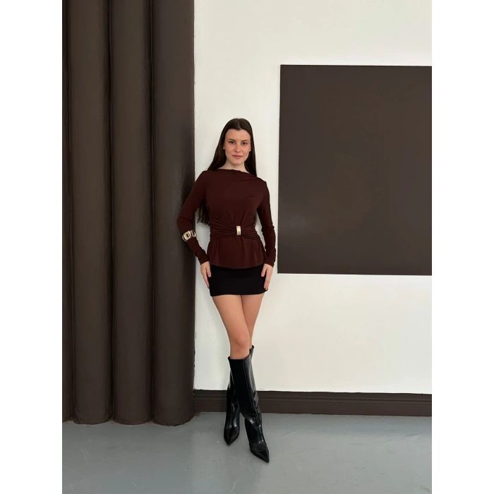 Aksesuar Detaylı Tasarım Bluz Acı Kahve