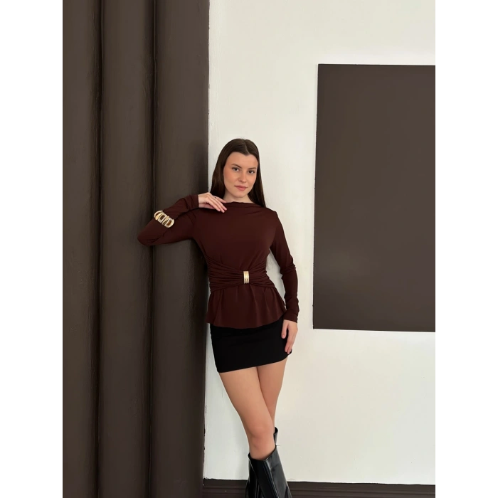 Aksesuar Detaylı Tasarım Bluz Acı Kahve