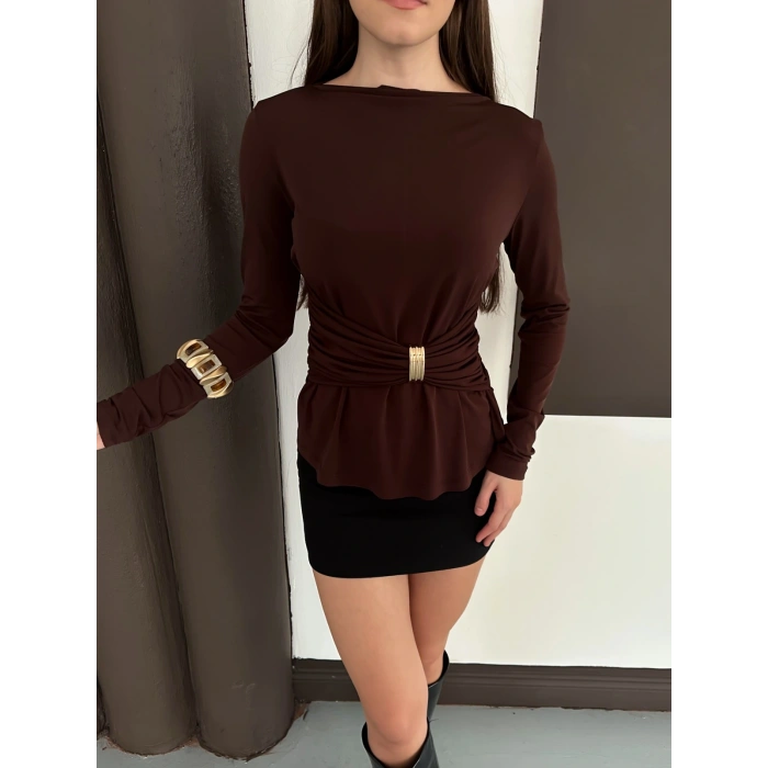 Aksesuar Detaylı Tasarım Bluz Acı Kahve