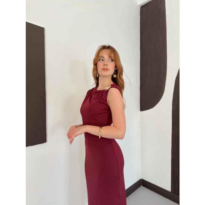Aksesuar Detaylı Tek Omuz Sandy Elbise Bordo