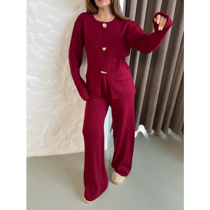 Aksesuar Detaylı Triko Takım Bordo