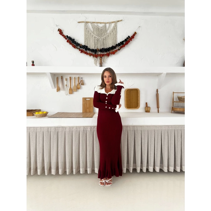 Asil Yaka Triko Elbise Bordo