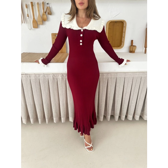 Asil Yaka Triko Elbise Bordo