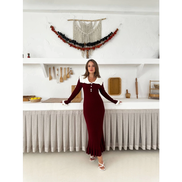 Asil Yaka Triko Elbise Kahverengi