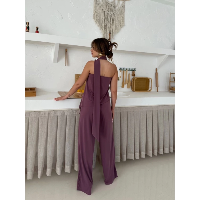 Asimetrik Kesim Fular Detay Takım Mürdüm