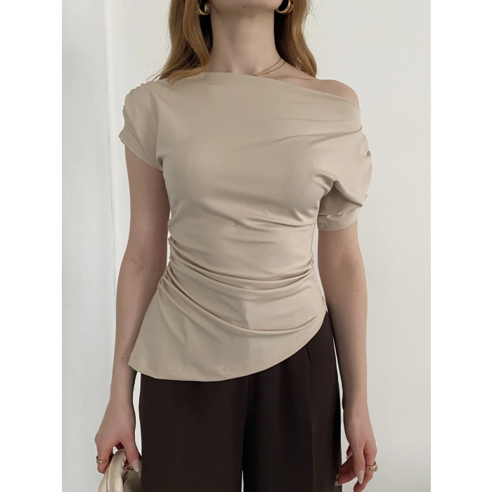 Asimetrik Kesim Tek Omuz Bluz Bej