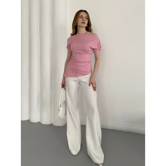 Asimetrik Kesim Tek Omuz Bluz Pembe