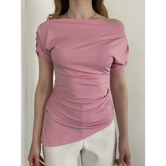 Asimetrik Kesim Tek Omuz Bluz Pembe