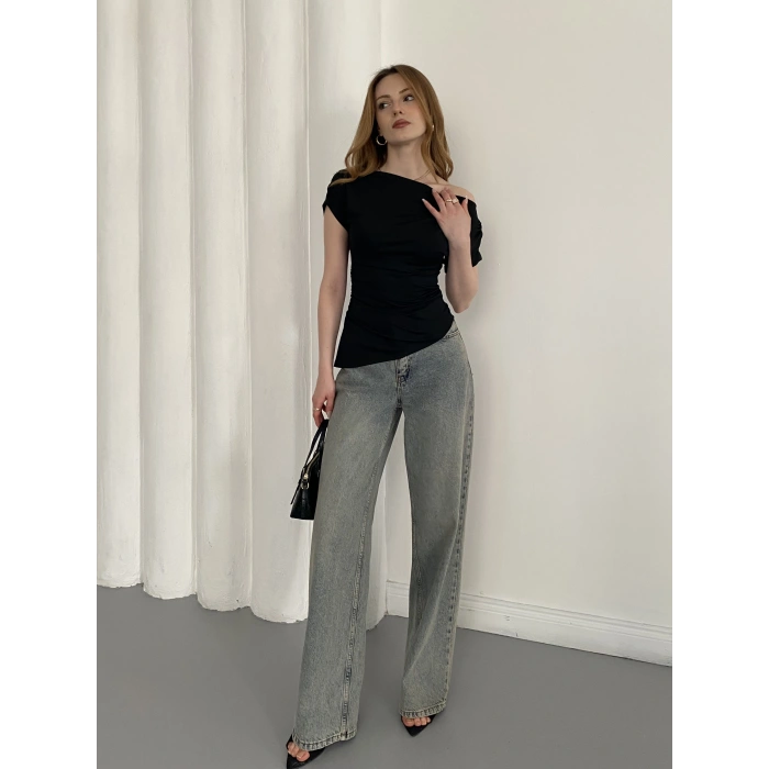 Asimetrik Kesim Tek Omuz Bluz Siyah