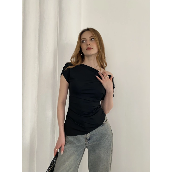 Asimetrik Kesim Tek Omuz Bluz Siyah