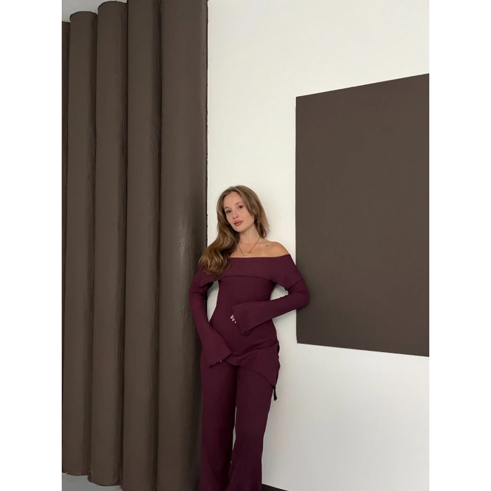 Asimetrik Madonna Yaka Takım Bordo