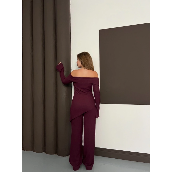 Asimetrik Madonna Yaka Takım Bordo