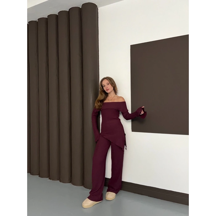 Asimetrik Madonna Yaka Takım Bordo