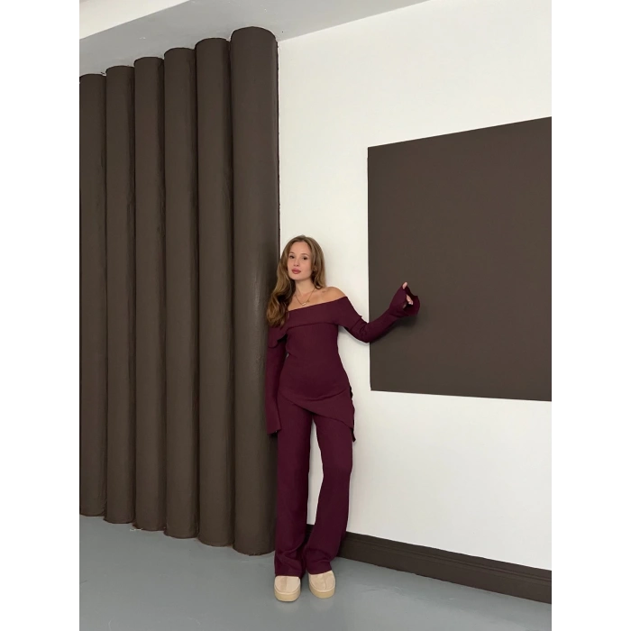 Asimetrik Madonna Yaka Takım Bordo