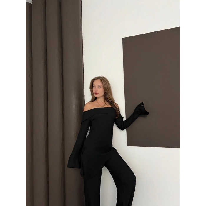 Asimetrik Madonna Yaka Takım Siyah