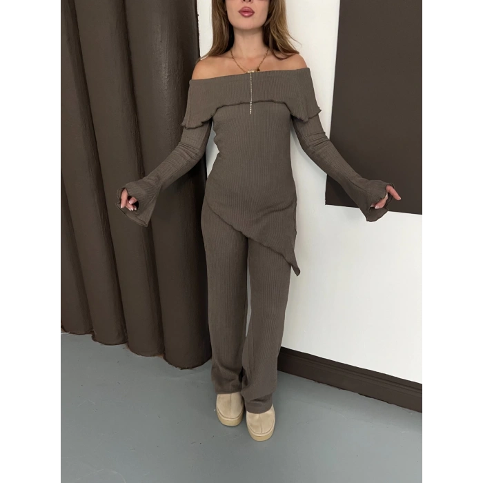 Asimetrik Madonna Yaka Takım Vizon