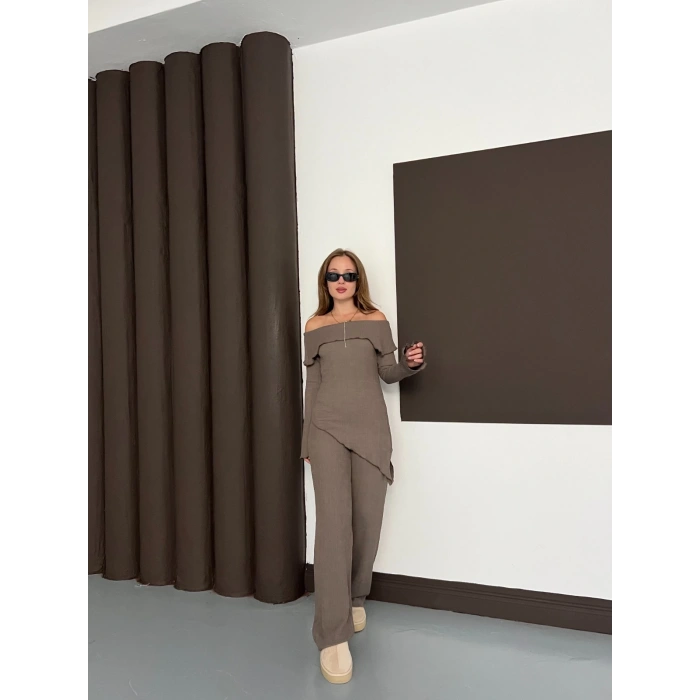 Asimetrik Madonna Yaka Takım Vizon