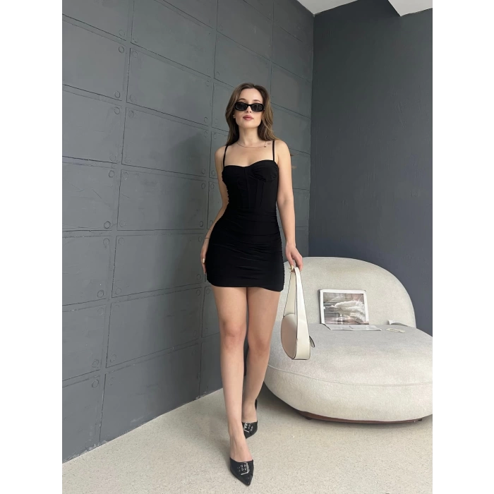 Askılı Korseli Mini Elbise Siyah