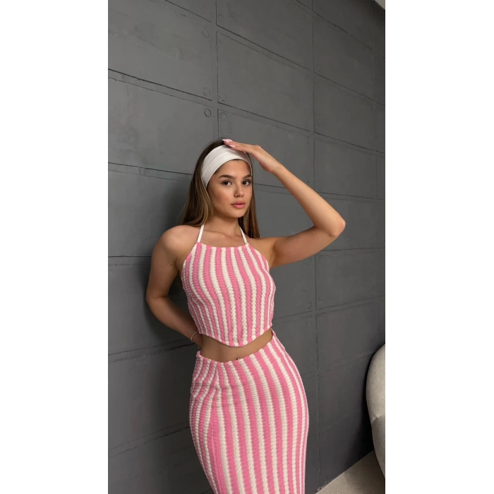 Askılı Triko Kumaş İçi Astarlı Takım Pembe