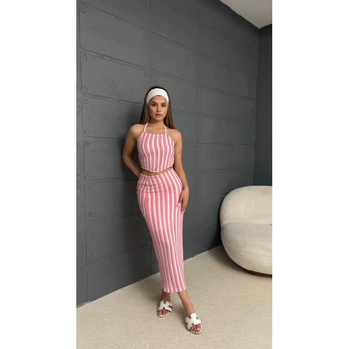 Askılı Triko Kumaş İçi Astarlı Takım Pembe