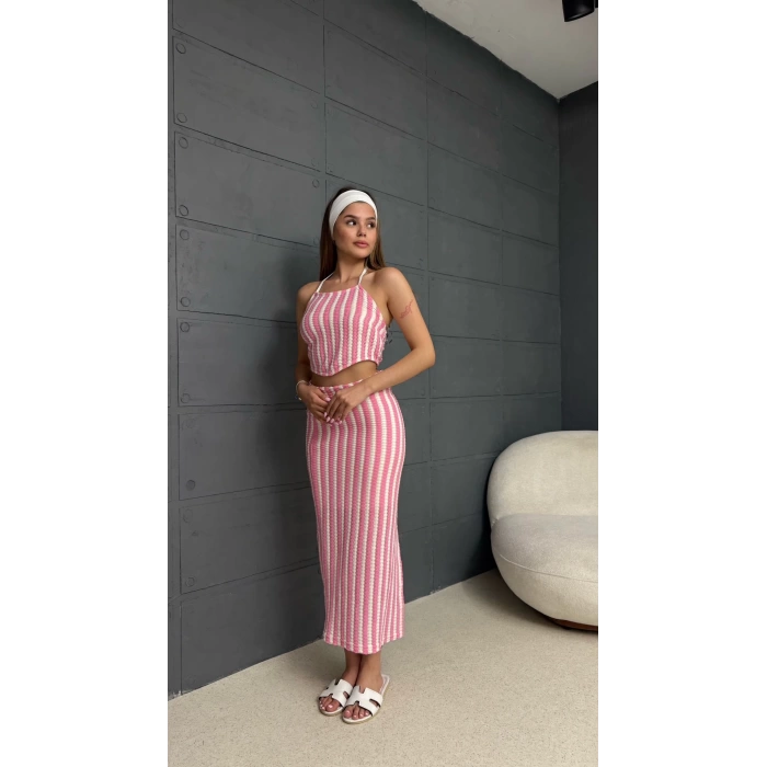 Askılı Triko Kumaş İçi Astarlı Takım Pembe