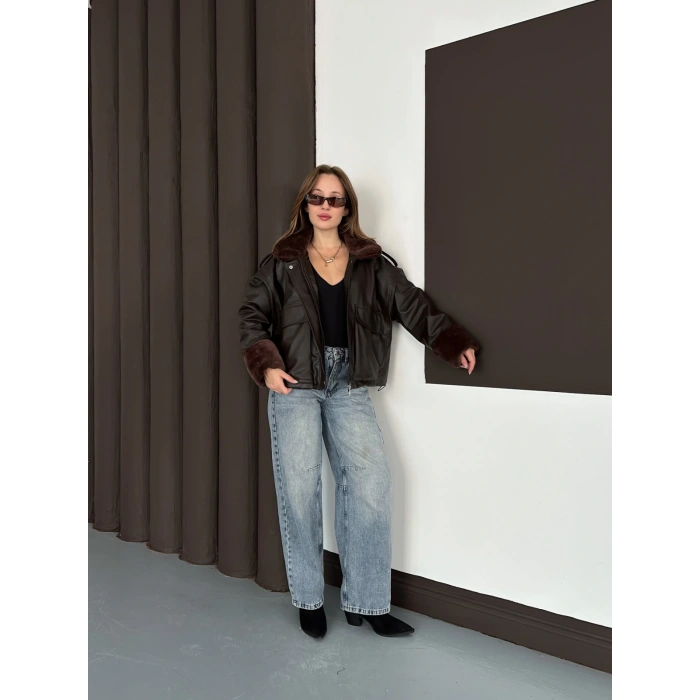 Astar Peluş Detaylı Deri Ceket Acı Kahve