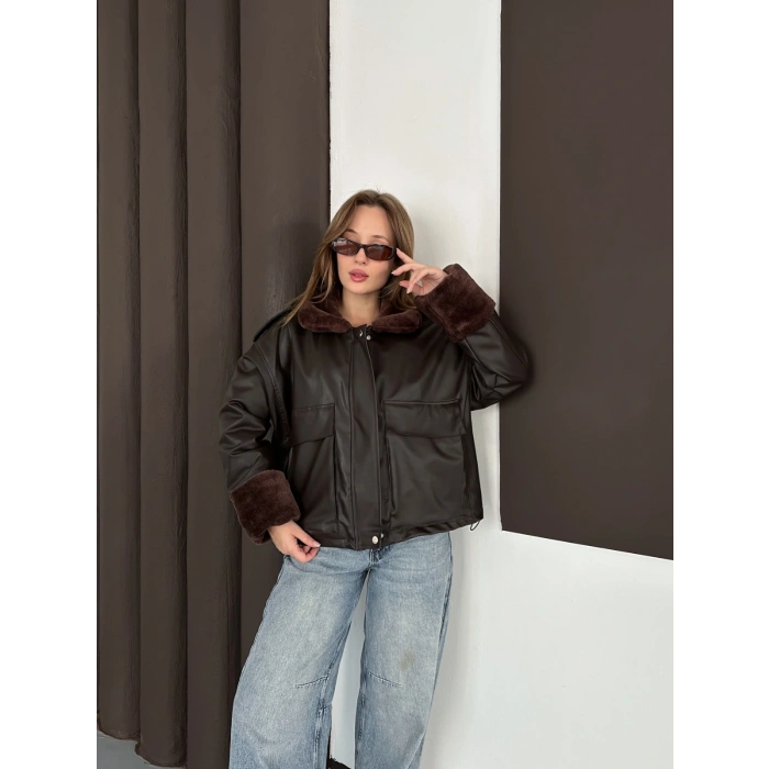 Astar Peluş Detaylı Deri Ceket Acı Kahve