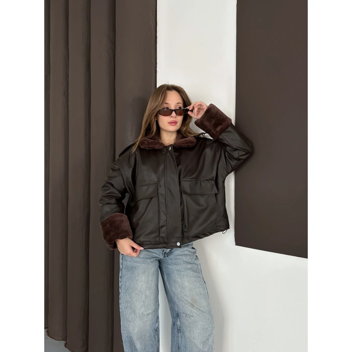 Astar Peluş Detaylı Deri Ceket Acı Kahve