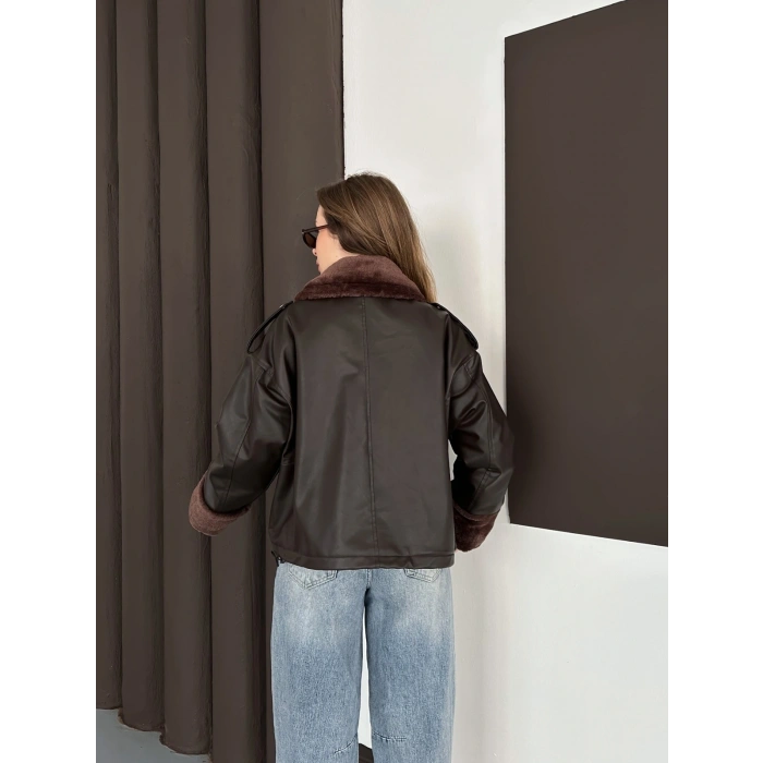 Astar Peluş Detaylı Deri Ceket Acı Kahve