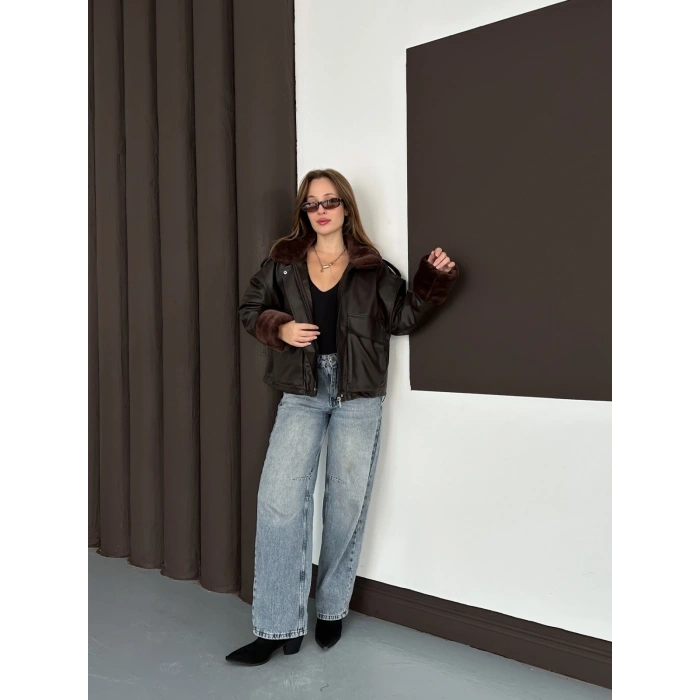 Astar Peluş Detaylı Deri Ceket Acı Kahve