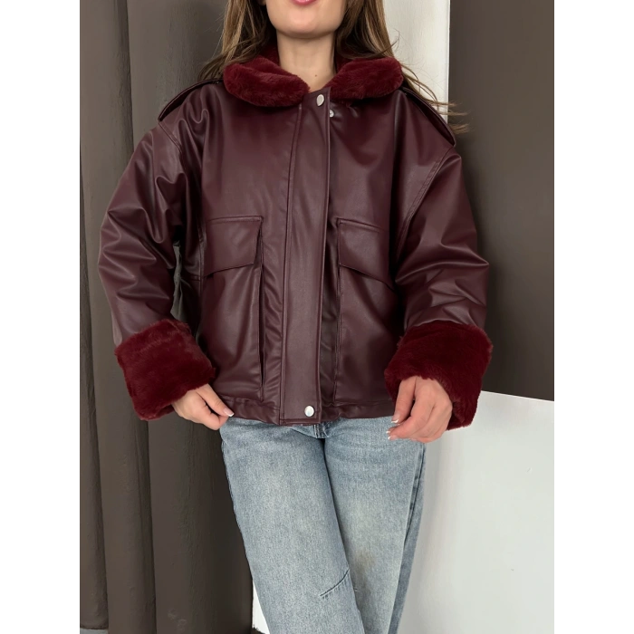 Astar Peluş Detaylı Deri Ceket Bordo