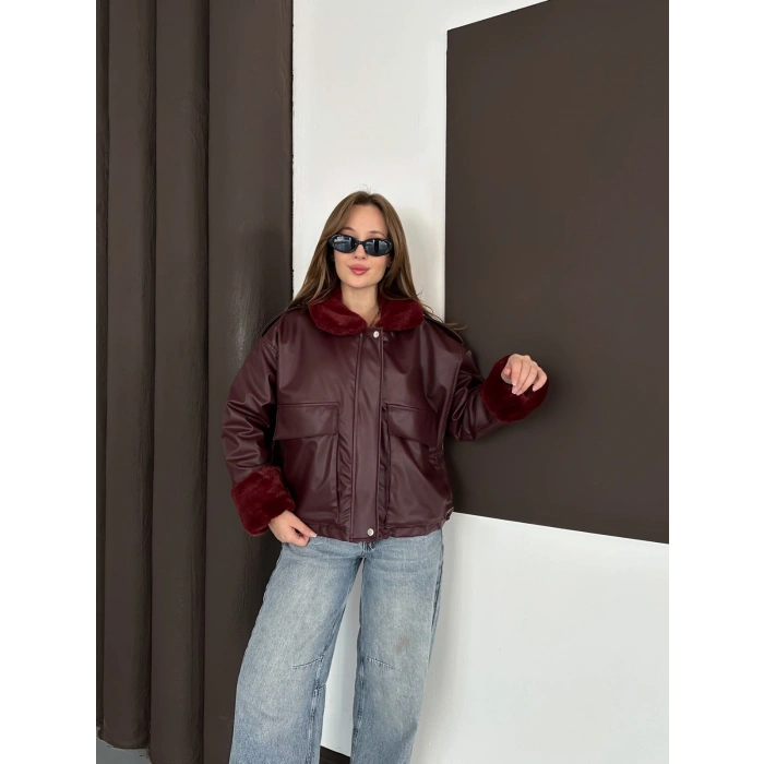 Astar Peluş Detaylı Deri Ceket Bordo