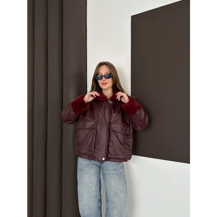 Astar Peluş Detaylı Deri Ceket Bordo