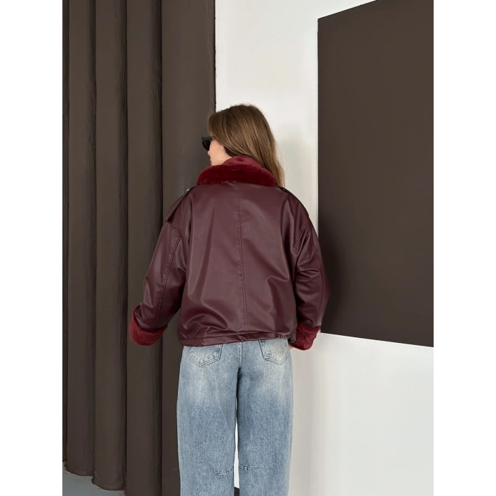 Astar Peluş Detaylı Deri Ceket Bordo