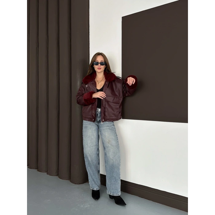 Astar Peluş Detaylı Deri Ceket Bordo
