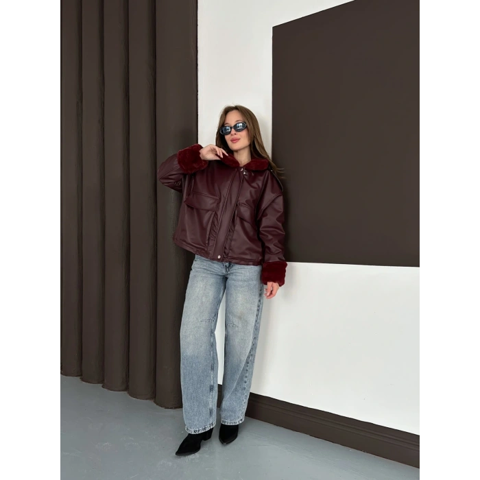 Astar Peluş Detaylı Deri Ceket Bordo