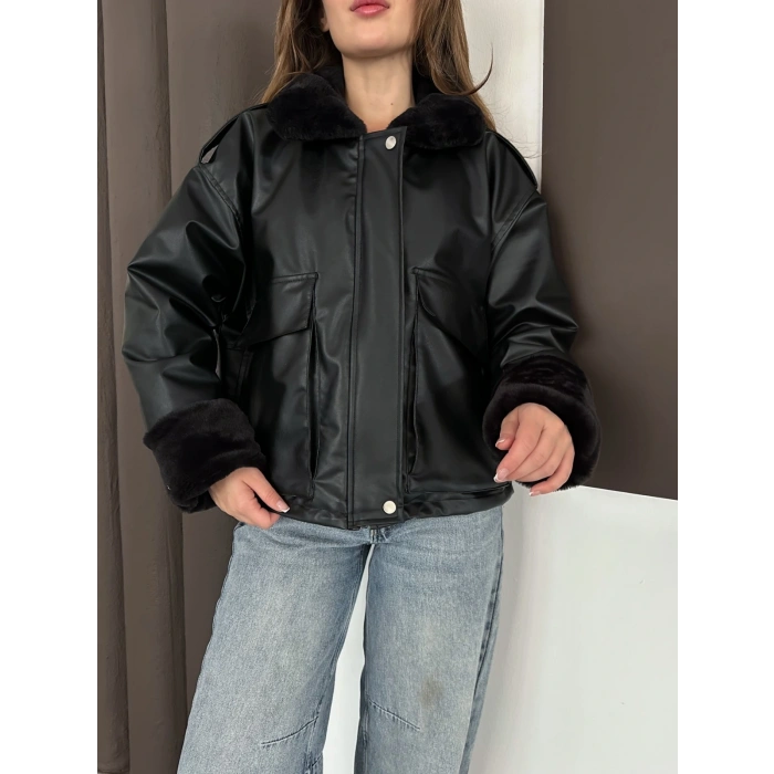 Astar Peluş Detaylı Deri Ceket Siyah
