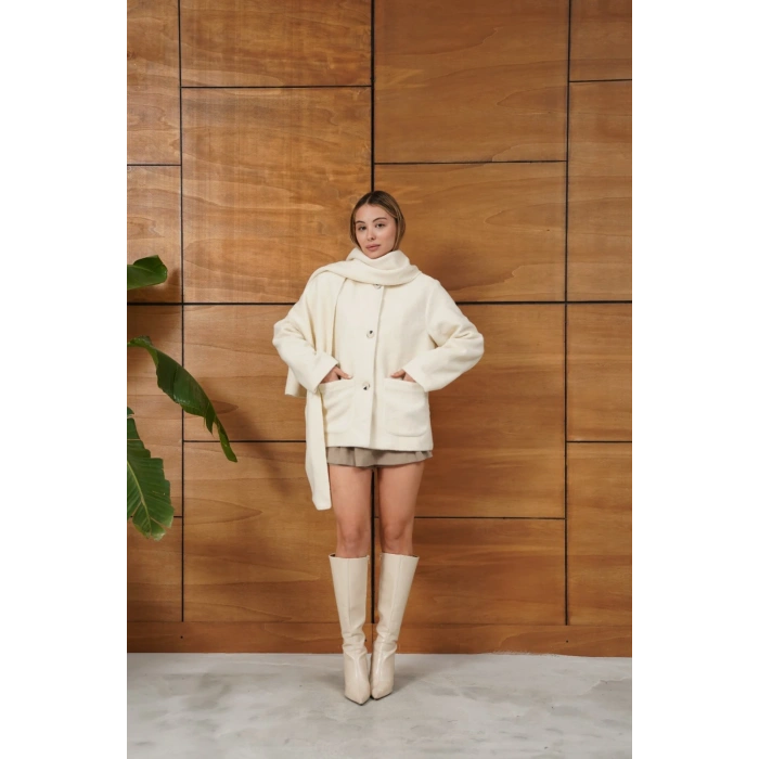 Atkı Detaylı Yumoş A Kalite Ceket Ekru