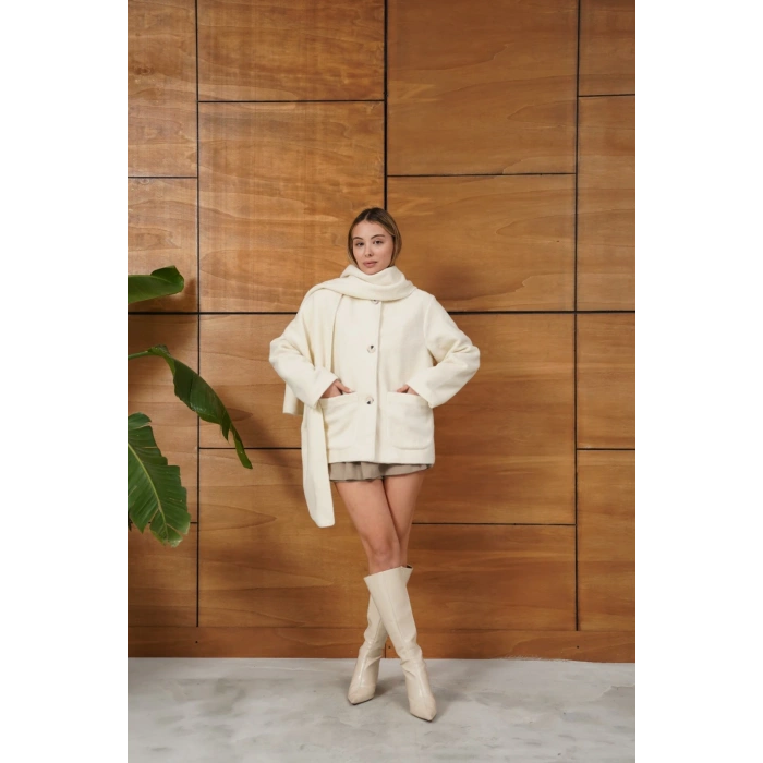 Atkı Detaylı Yumoş A Kalite Ceket Ekru