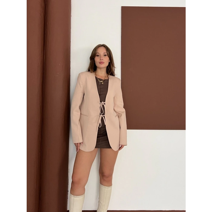 Bağlama Detaylı Blazer Ceket Pudra